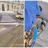 Il Municipio di Imperia è accessibile ai disabili grazie alla rampa, ma ad ostacolare il passaggio è un avvallamento sulla strada