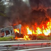 Imperia, incendio in A10: camion divorato dalle fiamme (foto)