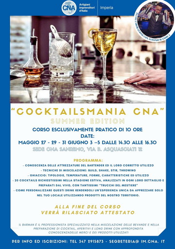 A maggio e giugno ritorna 'Cocktailsmania', l'atteso corso di Barman della CNA Imperia