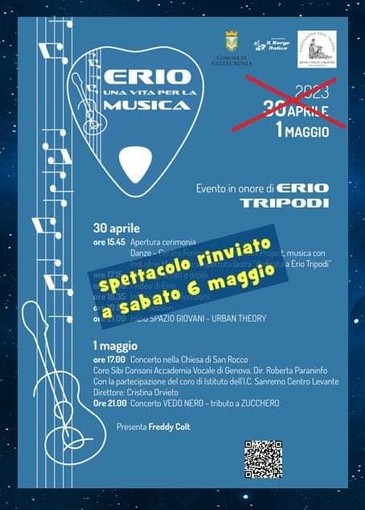 Vallecrosia, la pioggia ferma l'evento 'Erio una vita per la musica'. Biancheri: &quot;Lo spettacolo è rinviato a sabato 6 maggio&quot;