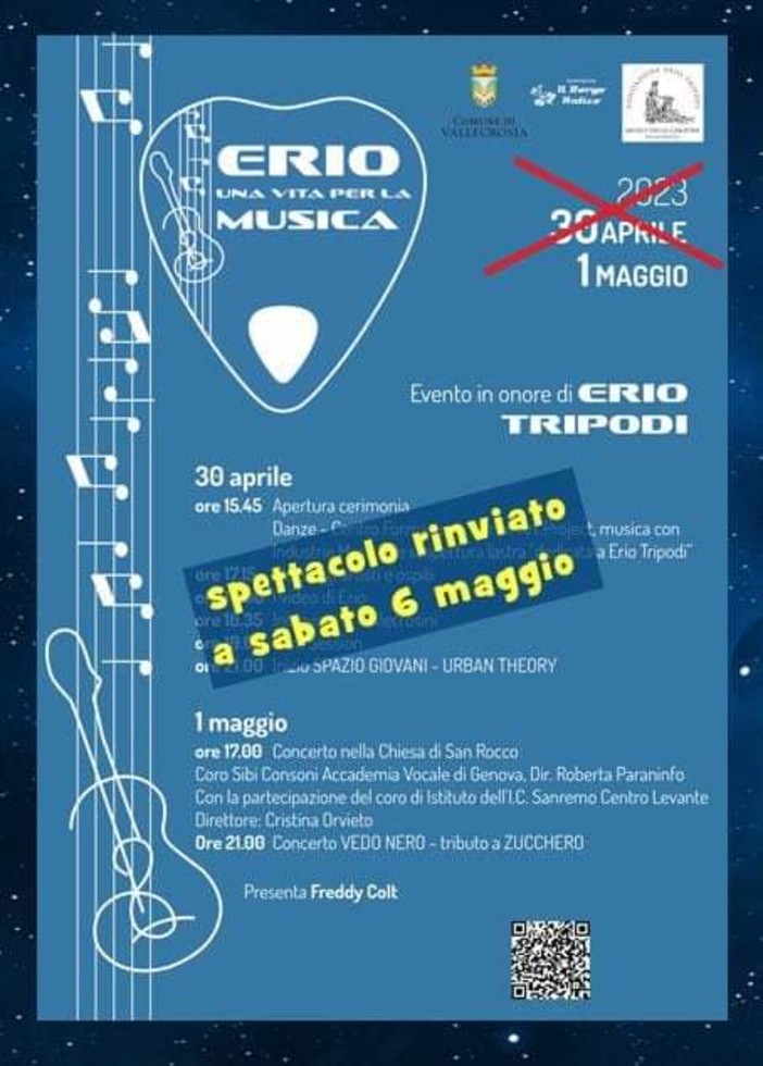 Vallecrosia, la pioggia ferma l'evento 'Erio una vita per la musica'. Biancheri: &quot;Lo spettacolo è rinviato a sabato 6 maggio&quot;