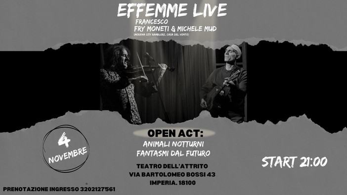 Imperia: concerto 'Effemme Live - Francesco Fry Moneti &amp; Michele Mud' al teatro dell'Attrito