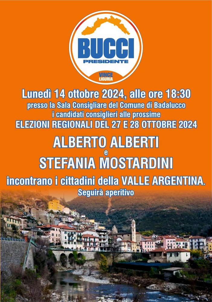 Badalucco: lunedì prossimo alle 18.30 in Comune l'incontro dei candidati alla Regione, Alberto Alberti e Stefania Mostrardini