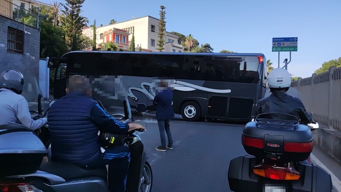 Imperia, pullman resta incastrato in strada: traffico in tilt (Foto)