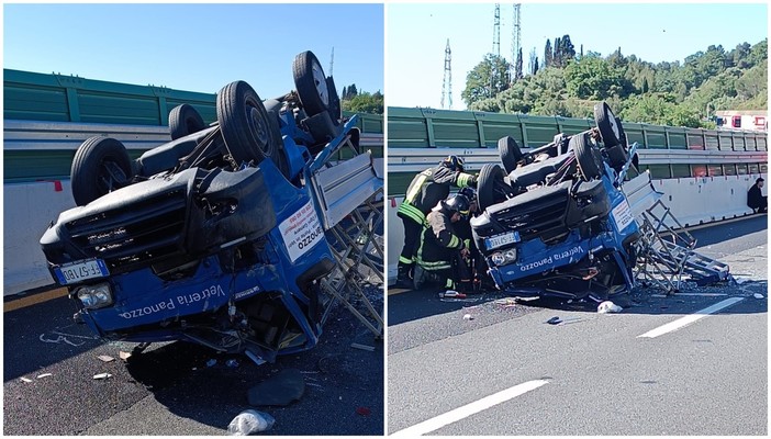 Incidente stradale in autostrada tra gli svincoli Imperia Est e Ovest: camioncino urtato da una vettura si ribalta