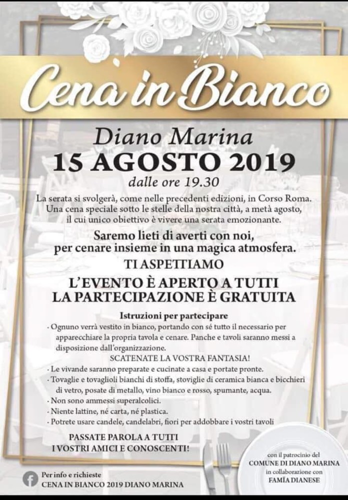 Dopo la pausa dello scorso anno, torna a Ferragosto la cena in bianco a Diano Marina