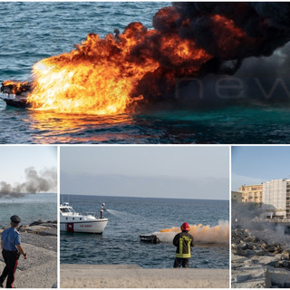 Sanremo: barca in fiamme davanti a porto vecchio, due persone a bordo (foto e video)