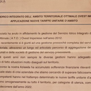 Bolletta dell’acqua, arriva la stangata: a Imperia aumenti del 54 per cento