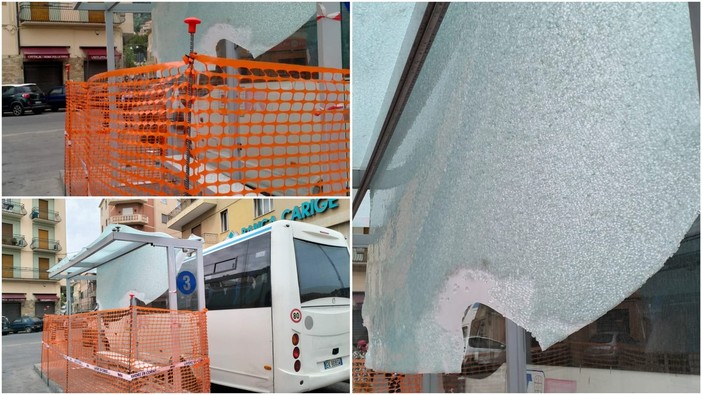 Vandali ancora in azione, distrutta la pensilina degli autobus in largo Nanollo Piana (foto)